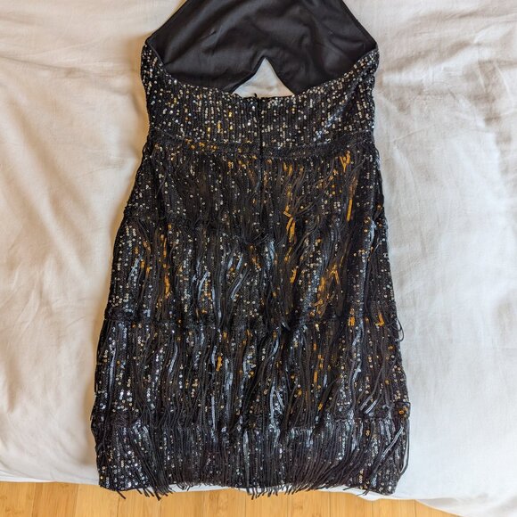 Belle Cut Out Fringe Trim Backless Sequin Halter Dress Size M - Picture 6 of 8
